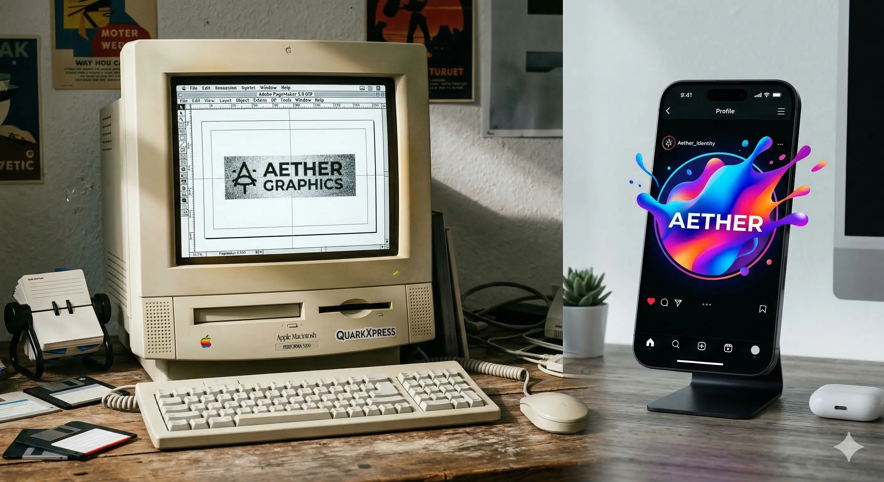 Ein Apple MacIntosh 640 neben einem modernen Smartphone